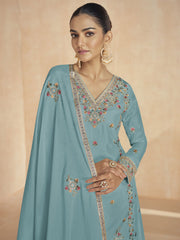 Sky Blue Multi Embroidery Festive Palazzo Suit