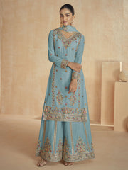 Sky Blue Multi Embroidery Festive Palazzo Suit