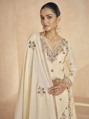 Cream White Multi Embroidery Festive Palazzo Suit