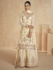 Cream White Multi Embroidery Festive Palazzo Suit