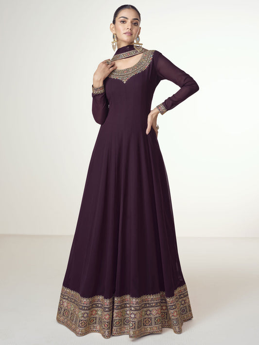 Wine Georgette Floor Length Anarkali Suit