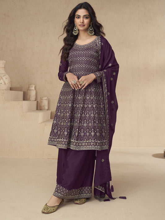 Purple Designer Style Embroidered Palazzo Style Dress