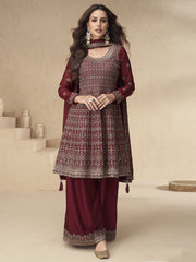 Maroon Designer Style Embroidered Palazzo Style Dress