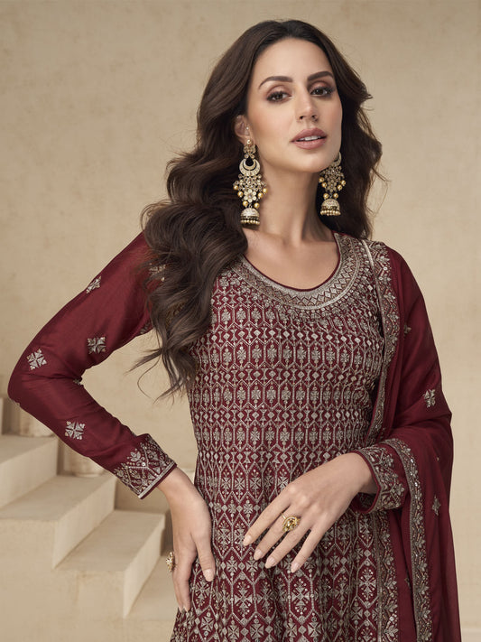 Maroon Designer Style Embroidered Palazzo Style Dress