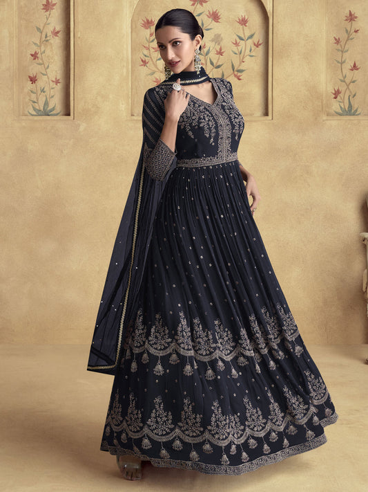 Navy Blue Sangeet Style Designer Anarkali Gown