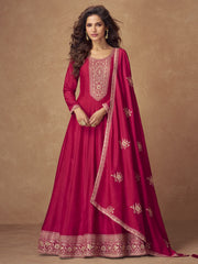 Rasoberry Pink Embroidered Silk Anarkali Gown with Dupatta