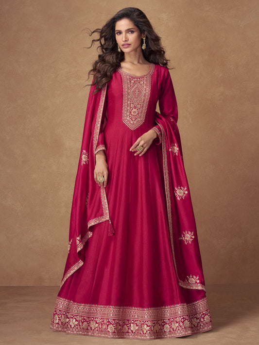 Rasoberry Pink Embroidered Silk Anarkali Gown with Dupatta