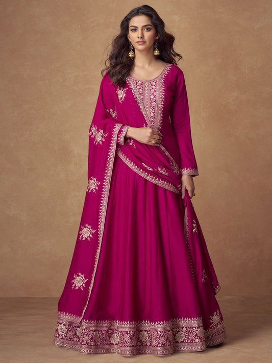 Rani Pink Embroidered Silk Anarkali Gown with Dupatta