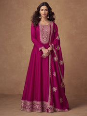 Rani Pink Embroidered Silk Anarkali Gown with Dupatta