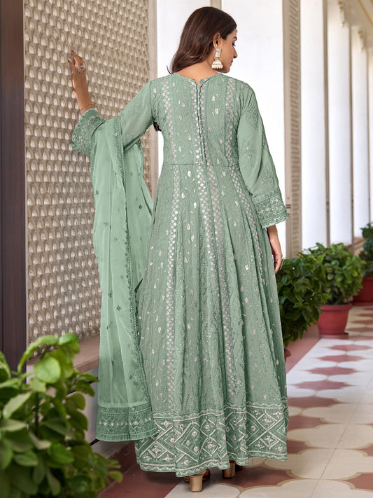 Sea Green Georgette High Slit Style Suit With Cudidar Pant