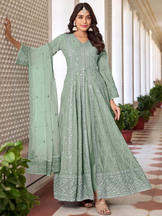 Sea Green Georgette High Slit Style Suit With Cudidar Pant