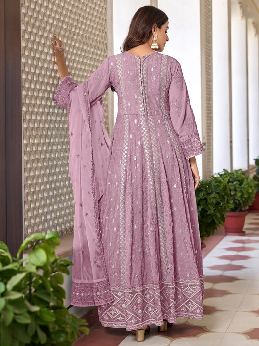 Pink Georgette High Slit Style Suit With Cudidar Pant