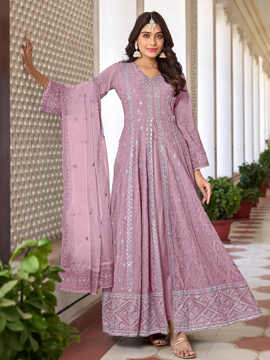 Pink Georgette High Slit Style Suit With Cudidar Pant