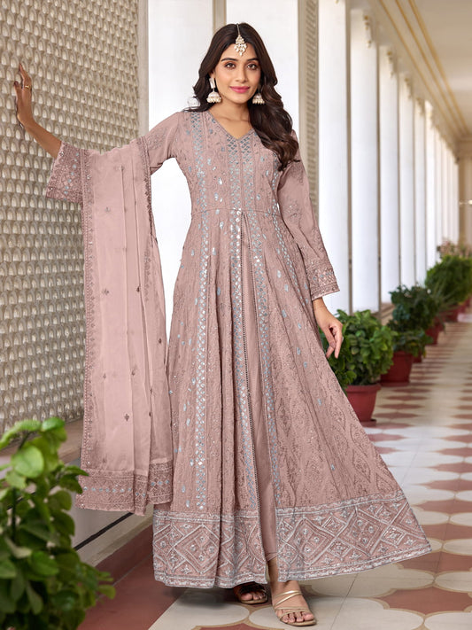 Peach Georgette High Slit Style Suit With Cudidar Pant