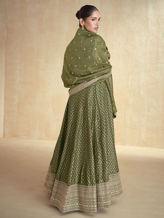 Green Pure Organza Jacquard Silk Festive Anarkali Gown