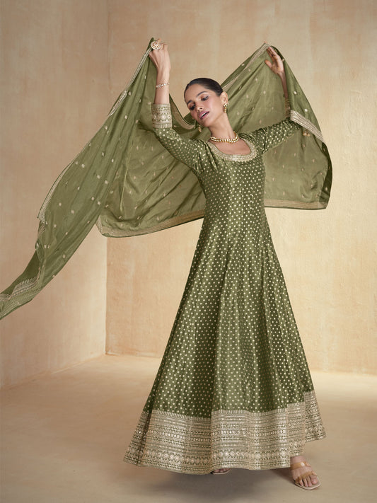 Green Pure Organza Jacquard Silk Festive Anarkali Gown