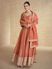 Orange Pure Organza Jacquard Silk Festive Anarkali Gown