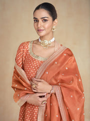 Orange Pure Organza Jacquard Silk Festive Anarkali Gown