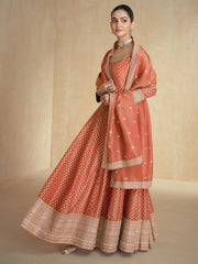 Orange Pure Organza Jacquard Silk Festive Anarkali Gown