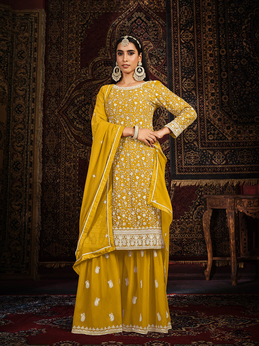 Yellow Georgette Partywear Sharara-Style-Suit