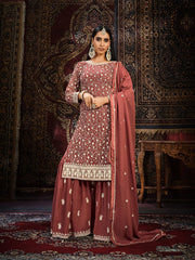 Rust Georgette Partywear Sharara-Style-Suit