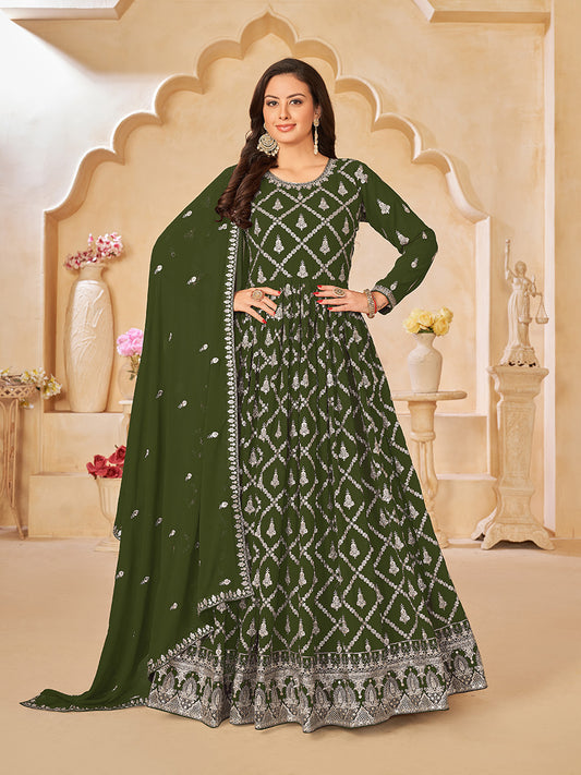 Mehndi Green Georgette Partywear Anarkali-Suit