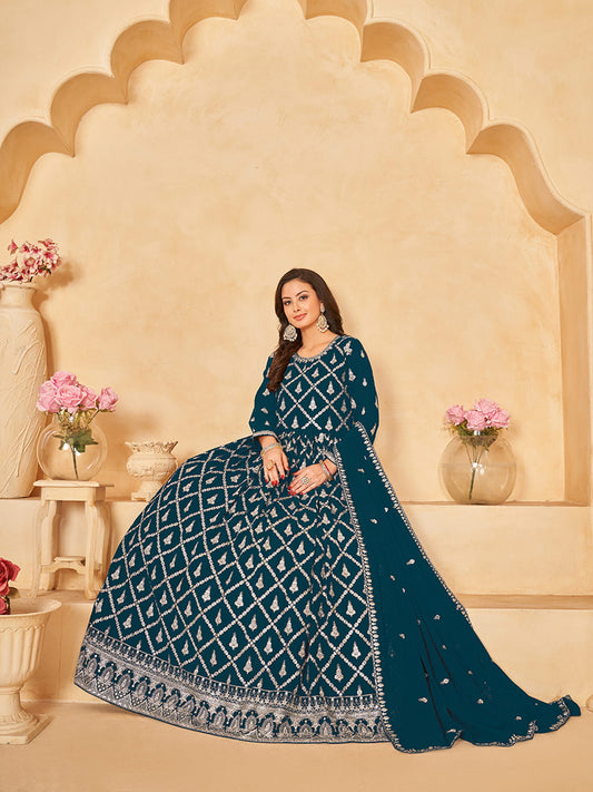 Teal Georgette Partywear Anarkali-Suit