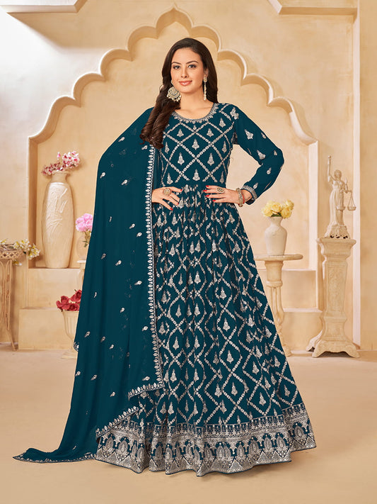 Teal Georgette Partywear Anarkali-Suit