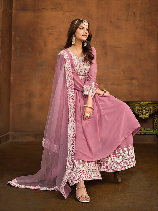 Pink Thread Embroidery Anarkali Palazzo Suit