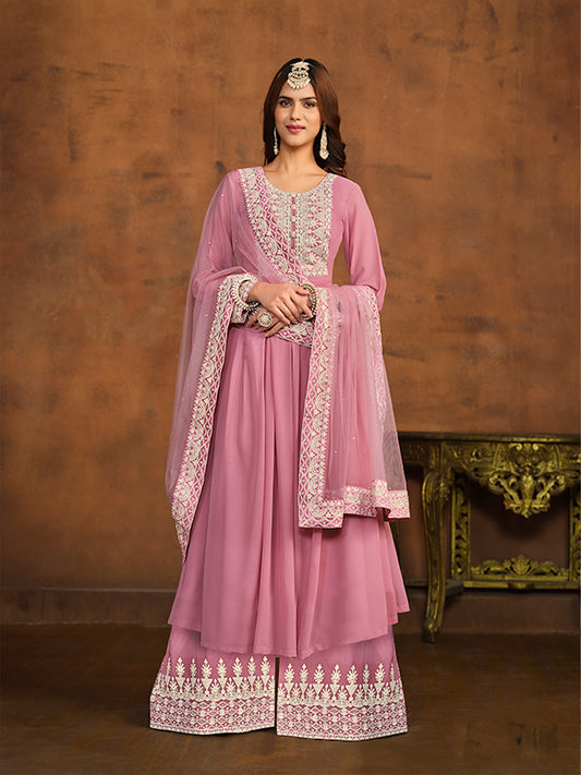 Pink Thread Embroidery Anarkali Palazzo Suit