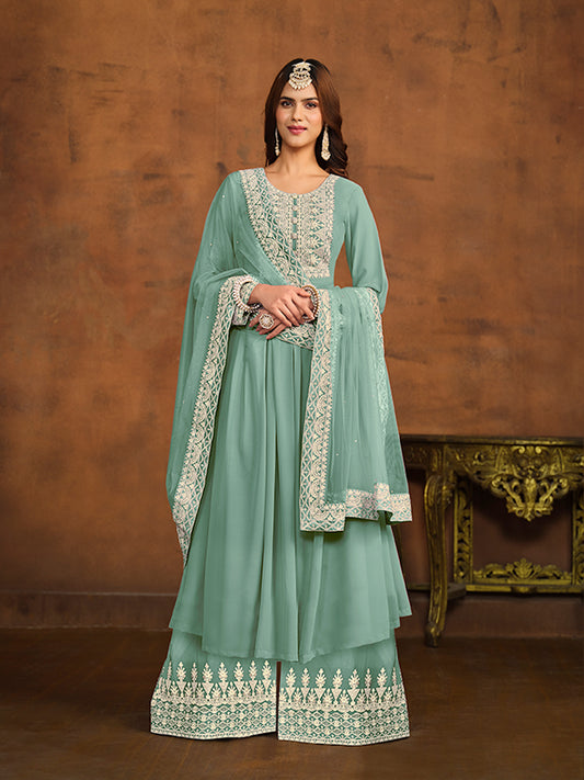 Sea Green Thread Embroidery Anarkali Palazzo Suit