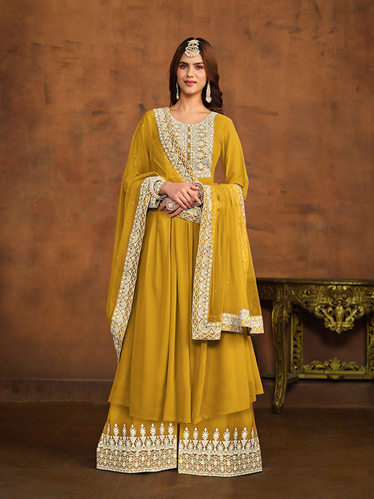 Mustard Thread Embroidery Anarkali Palazzo Suit