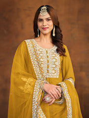 Mustard Thread Embroidery Anarkali Palazzo Suit