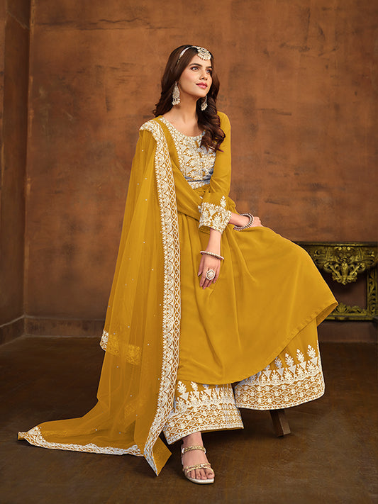 Mustard Thread Embroidery Anarkali Palazzo Suit