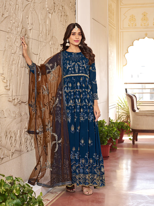 Blue Multi Embroidery Gerogette Anarkali Suit