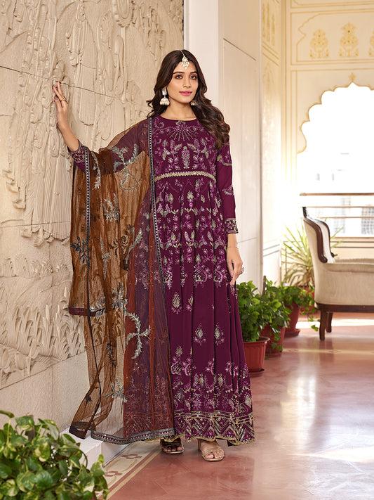 Purple Multi Embroidery Gerogette Anarkali Suit