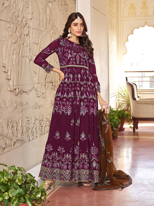 Purple Multi Embroidery Gerogette Anarkali Suit