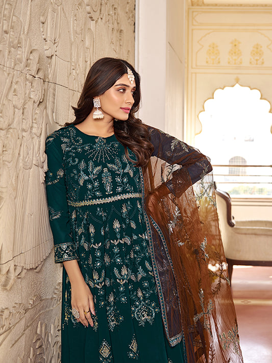 Green Multi Embroidery Gerogette Anarkali Suit