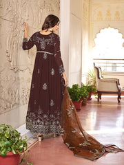 Brown Multi Embroidery Gerogette Anarkali Suit