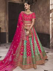 Pink and Aqua Banarasi Silk Bridal Designer Lehenga Choli