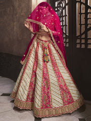 Cream and Pink Banarasi Silk Bridal Designer Lehenga Choli