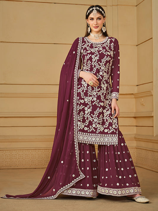 Burgundy Wine Embroidered Georgette Gharara Style Suit