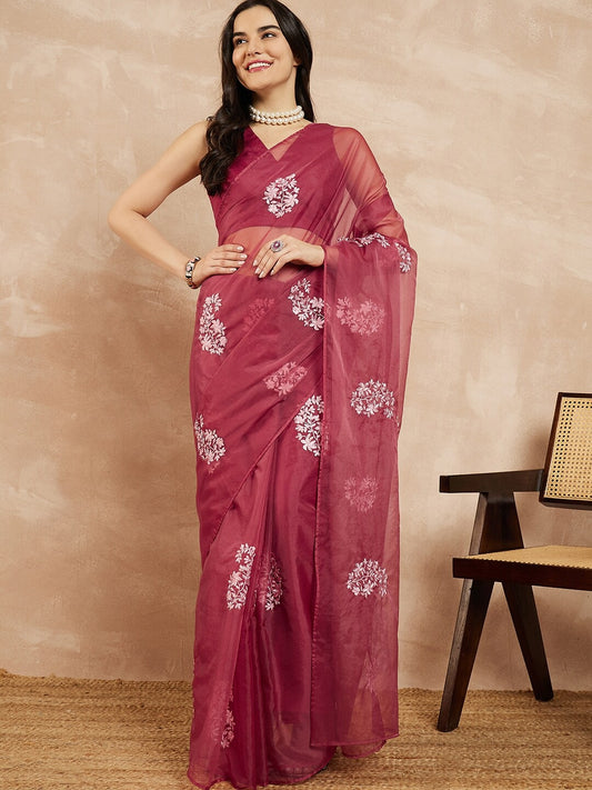 Pink Floral Embroidered Organza Saree