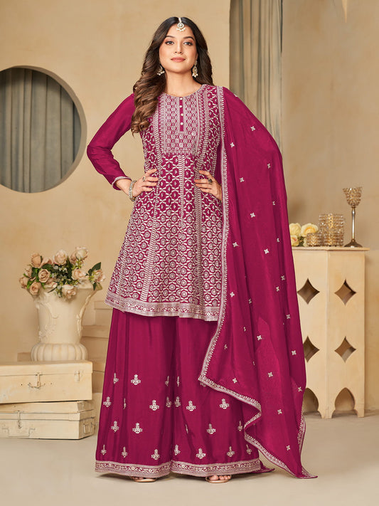 Magenta Reshamkari Embroidery Festive Palazzo Suit