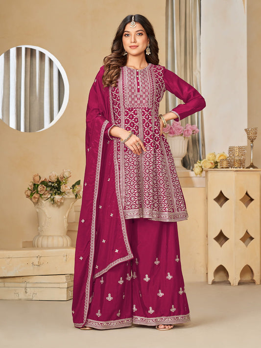 Magenta Reshamkari Embroidery Festive Palazzo Suit