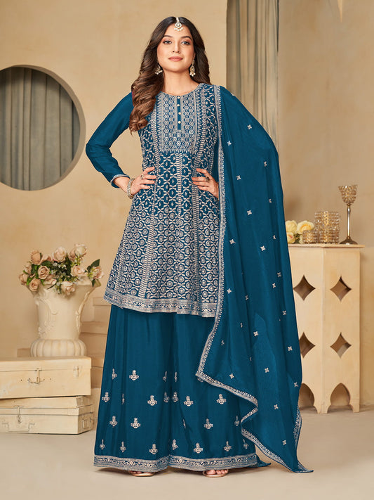 Teal Blue Reshamkari Embroidery Festive Palazzo Suit