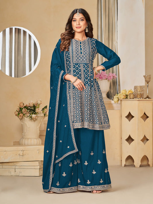 Teal Blue Reshamkari Embroidery Festive Palazzo Suit