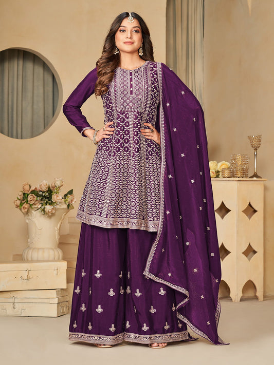 Purple Reshamkari Embroidery Festive Palazzo Suit