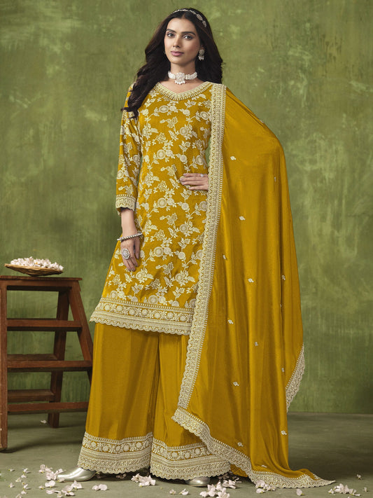 Yellow Dola Silk Jacquard Palazzo Suit