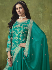 Turquoise Dola Silk Jacquard Palazzo Suit